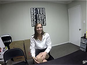 Tall teen babe cums for a job interview, leaves decorated in jism